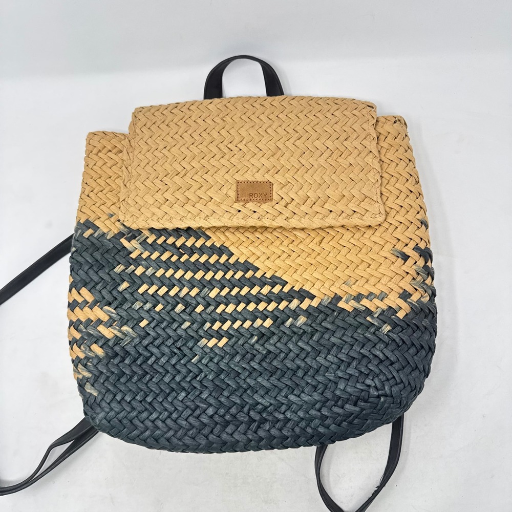 Roxy Backpack Tan Blue OS Straw Beach Boho Summer Travel Bag